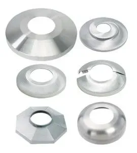 Assorted metal escutcheons with various shapes and finishes, for pipes or other cylindrical objects.