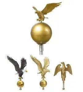 Gold eagle flag toppers. Various styles: perched on globe, flying, outstretched wings.