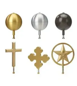 Assorted flag pole toppers in gold, silver, and black, including spheres, crosses, and a star.