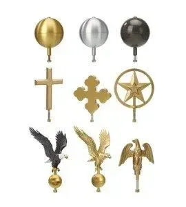 Nine different flag pole ornaments: spheres, crosses, stars, and eagles.