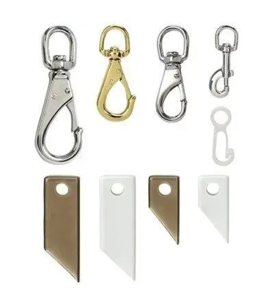 Assortment of metal and plastic hooks and connectors of various shapes and sizes.