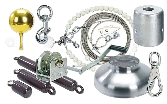 Various shiny metal flagpole hardware and components.