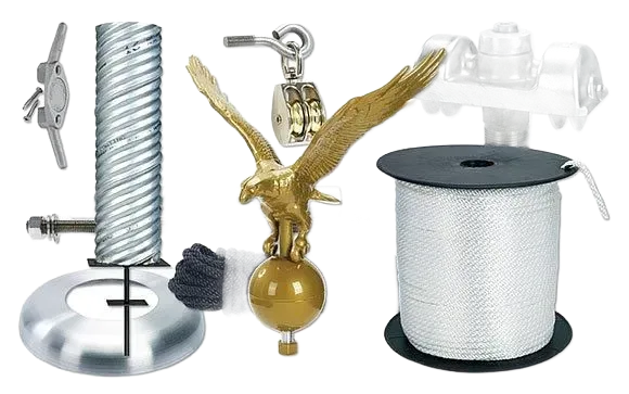 Various flag pole parts: eagle, rope, pulley, cleat, finial, and screws.