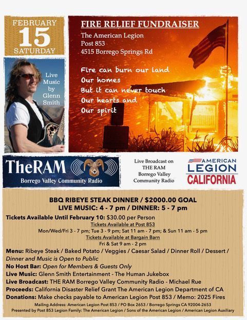 Fire Relief Fundraiser
BBQ Ribeye Steak Dinner & Live Music