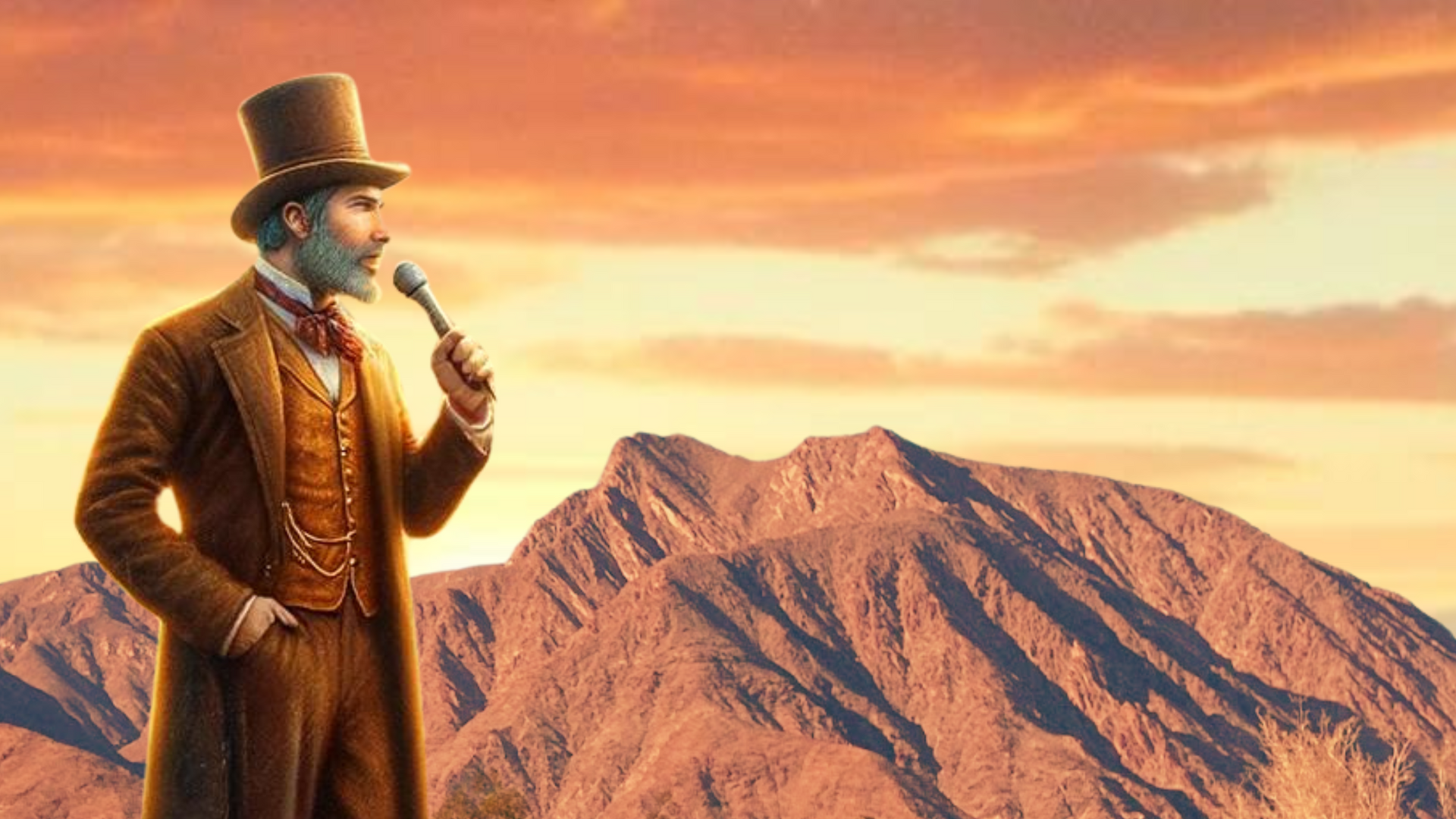 A man in a top hat is holding a microphone in front of a mountain.