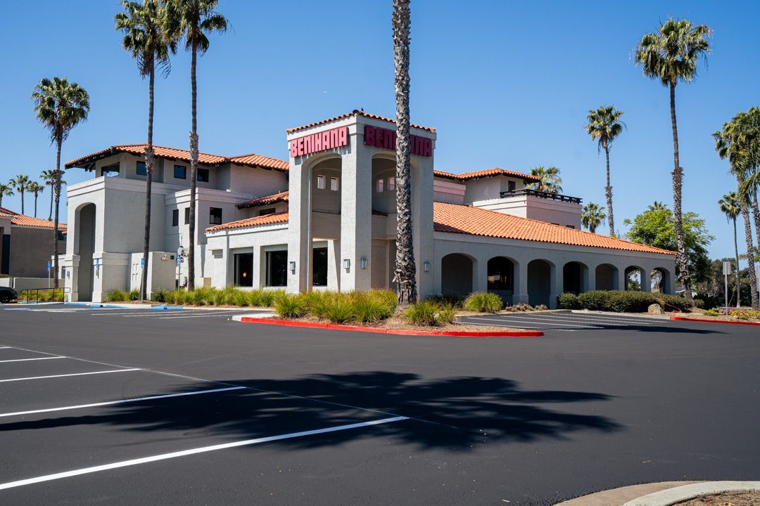 A large building with a lot of palm trees in front of it.