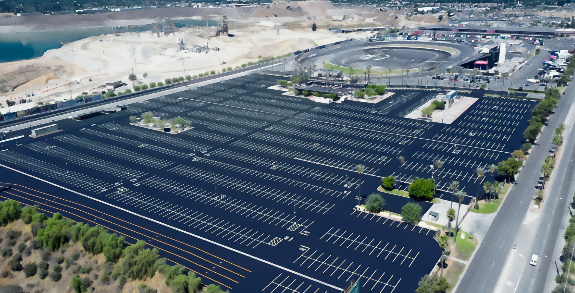 An aerial view of a large parking lot