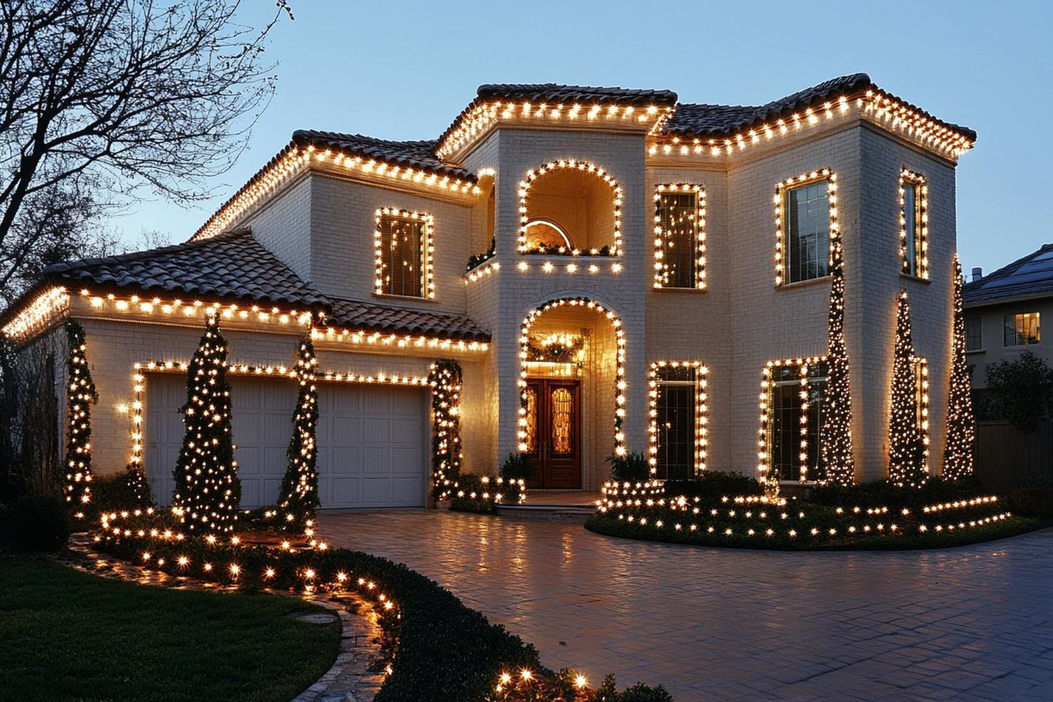 A large house is decorated with christmas lights