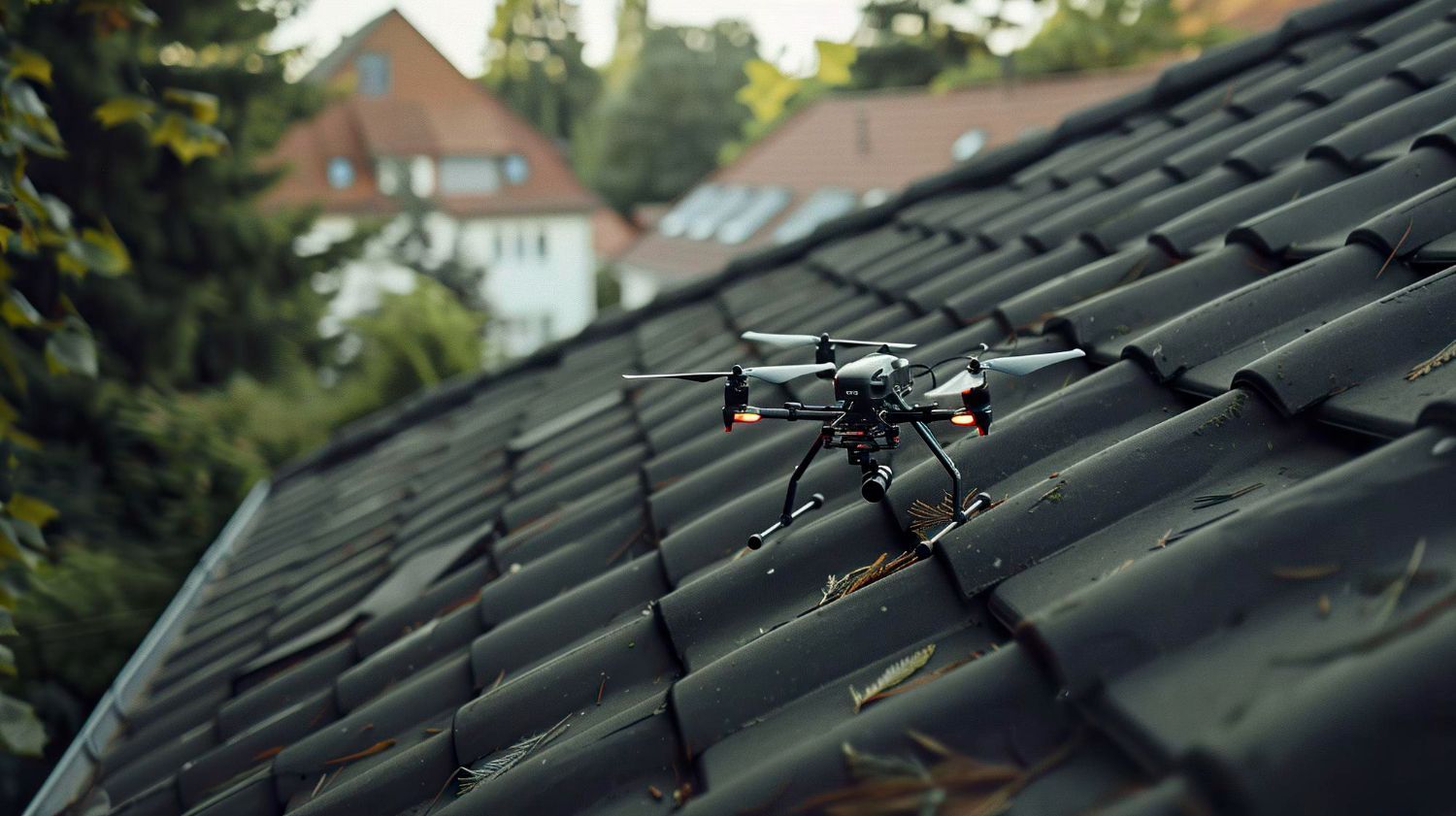 A drone is sitting on top of a tiled roof.