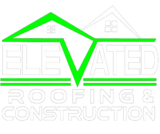 the logo for elevated roofing and construction shows a house with a green roof .