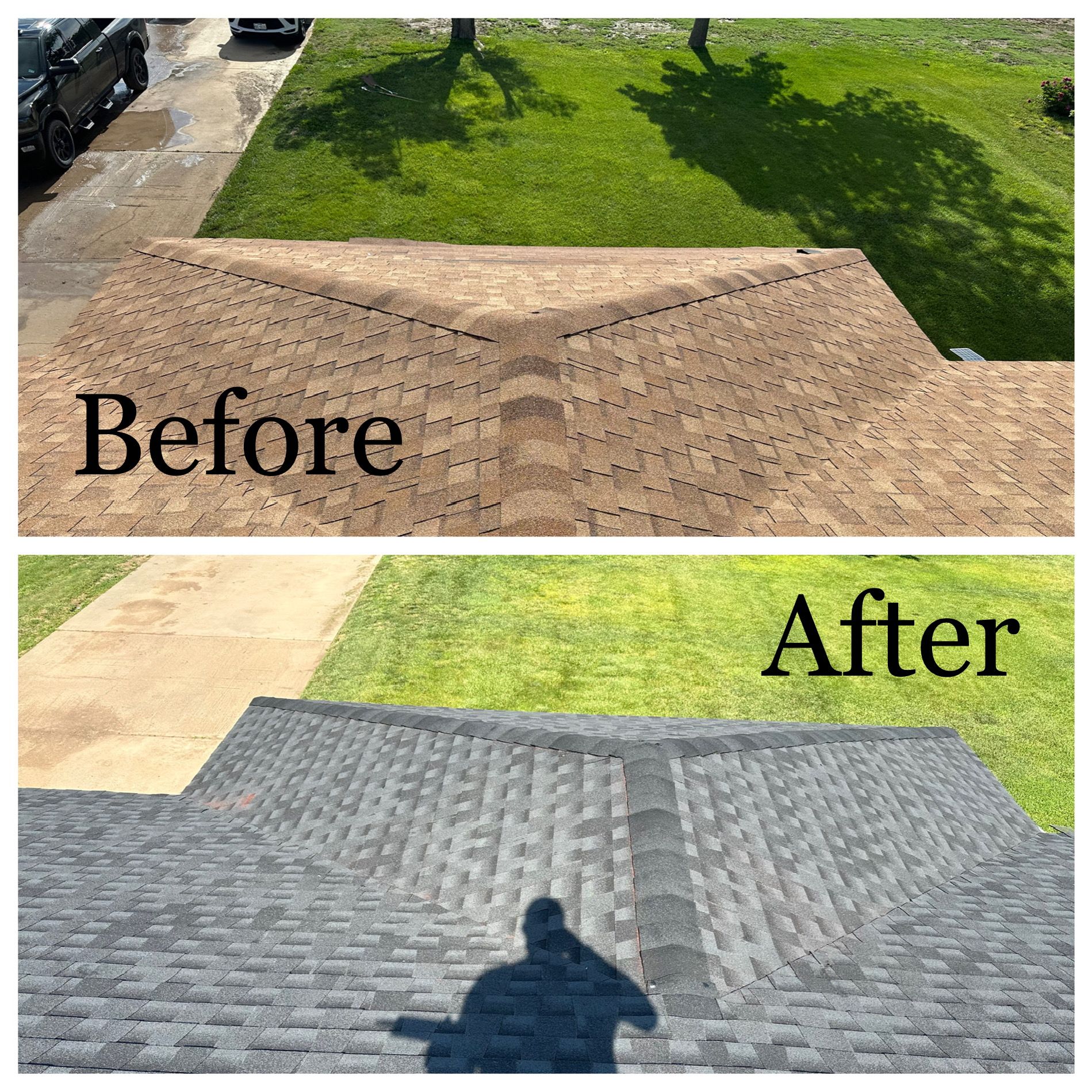 a before and after photo of a roof with shingles .