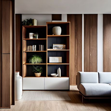a living room with a couch and a bookshelf