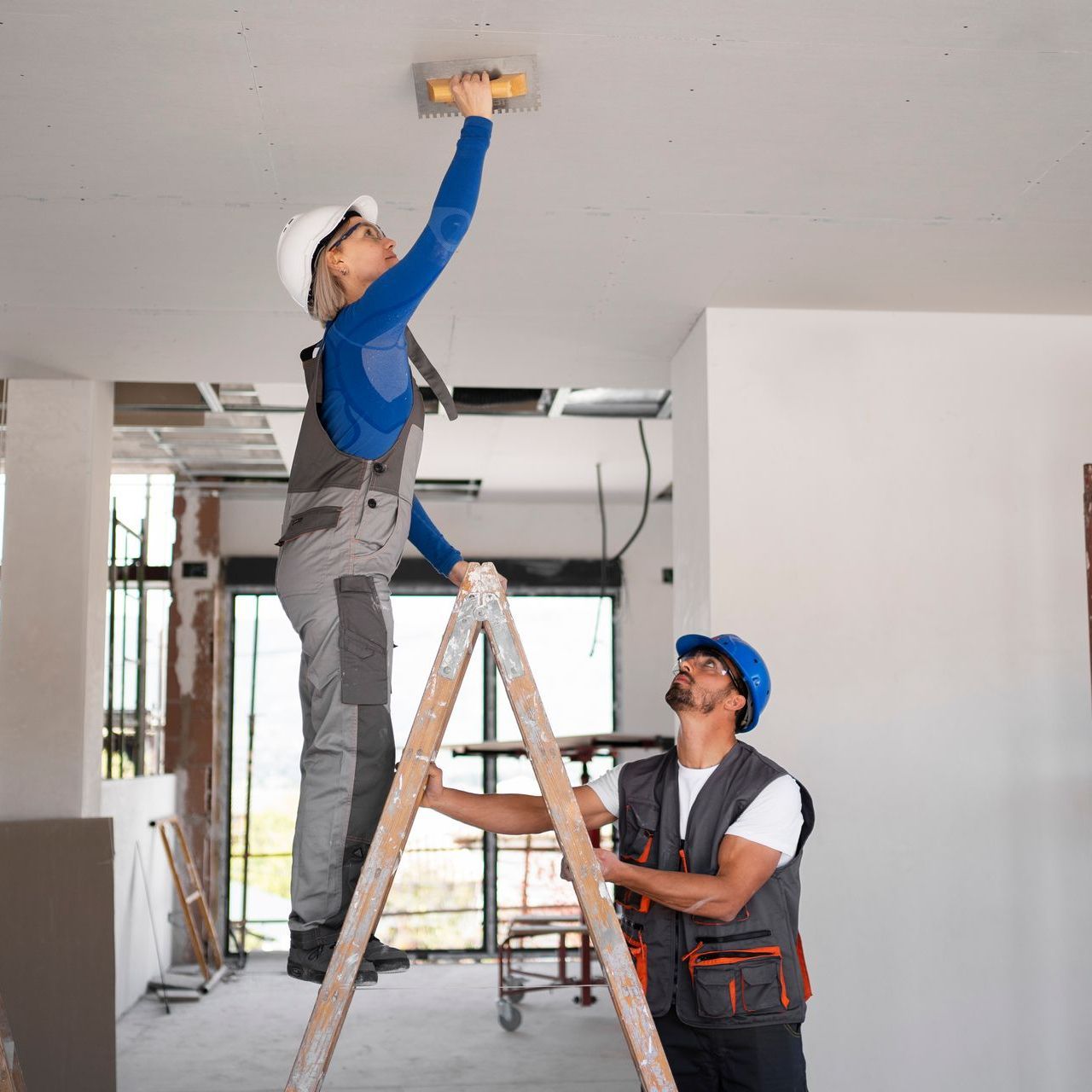 a man and a woman are working on a ceiling .