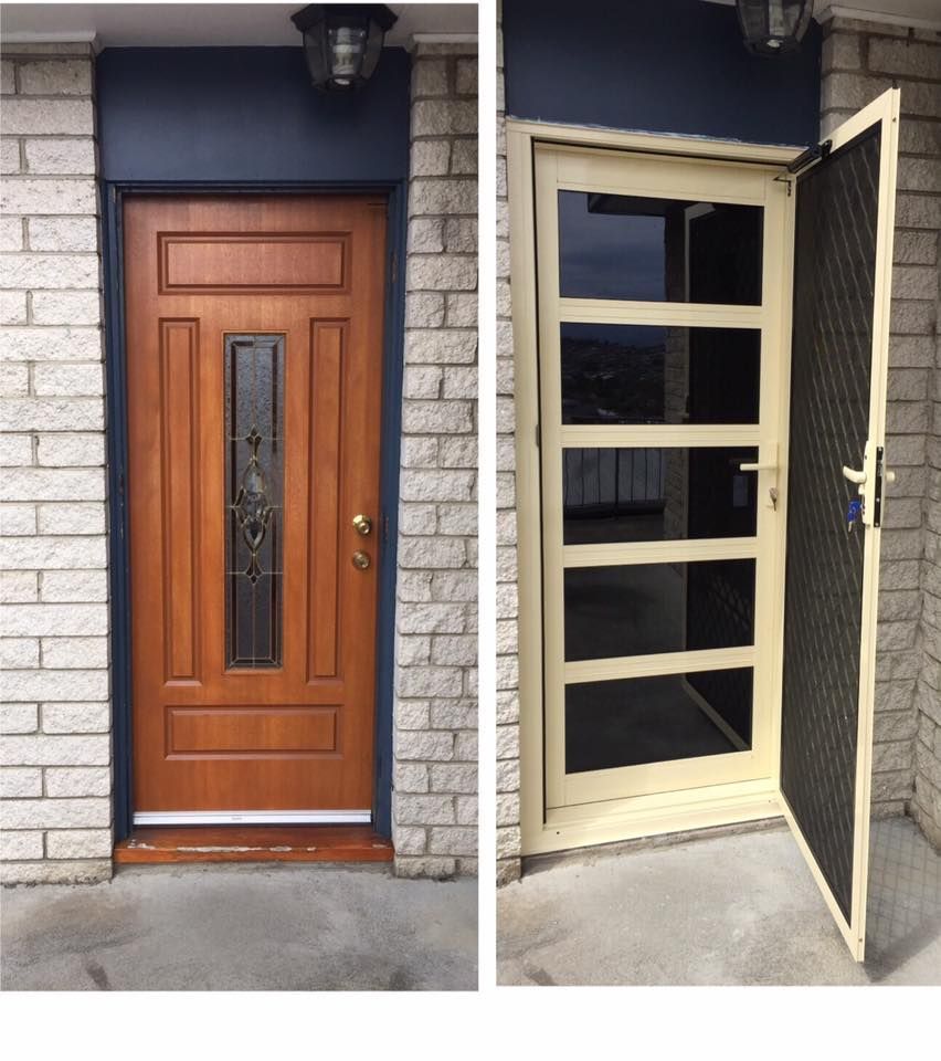 A picture of a wooden door next to a picture of a white door