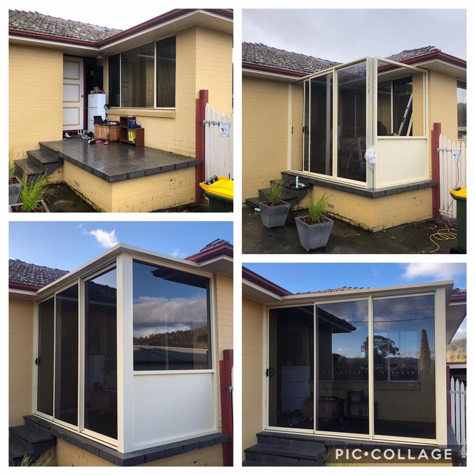 A collage of four pictures of a house with a screened in porch.