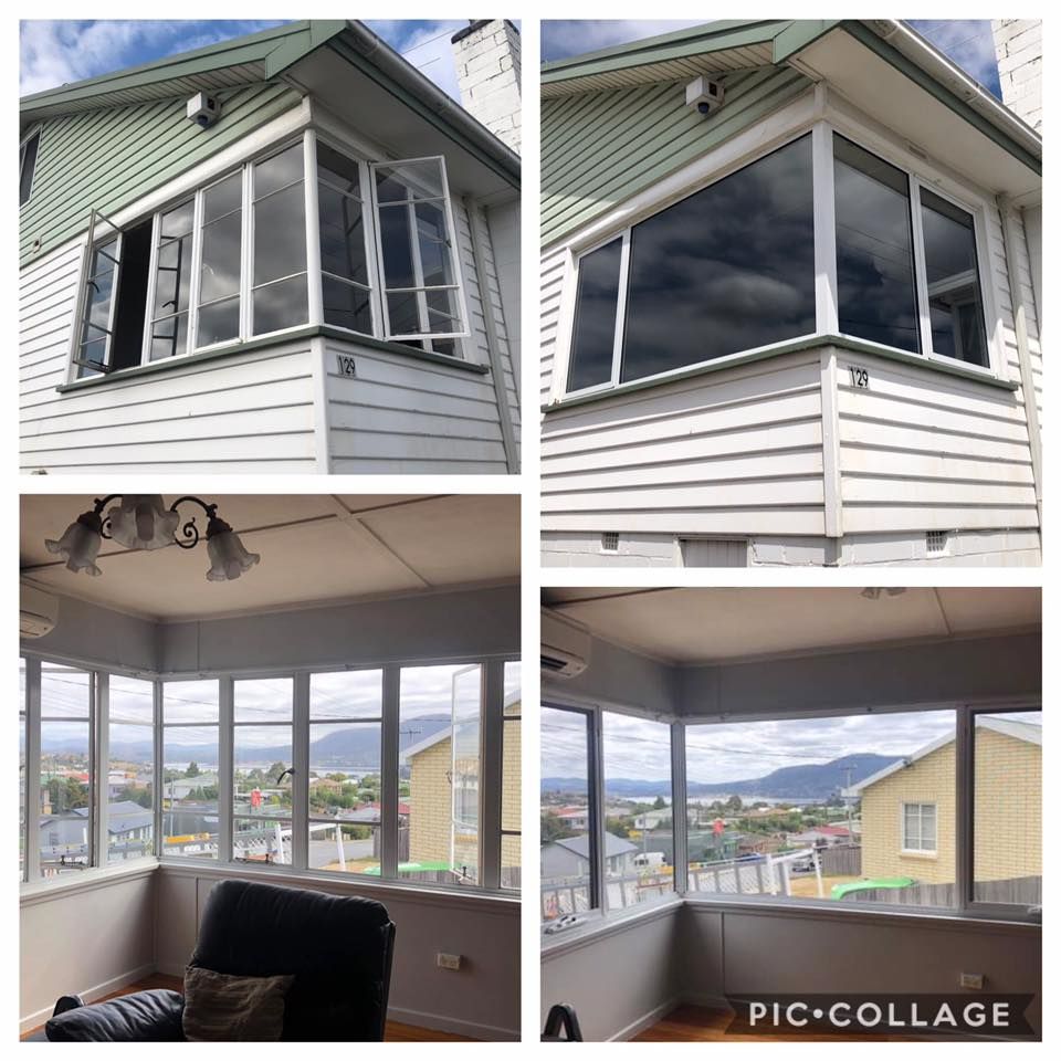 A collage of four pictures of a house with a lot of windows.