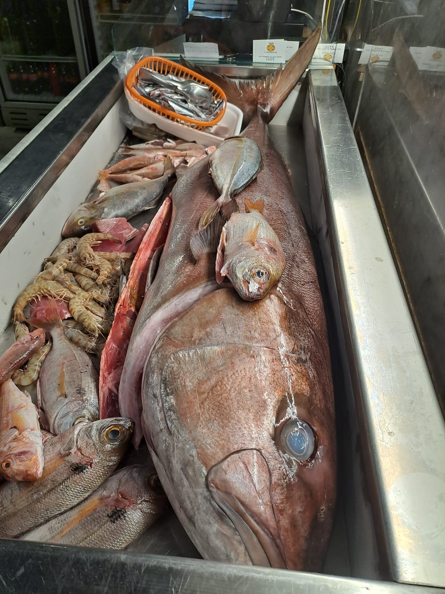 Un grosso pesce è seduto sopra un vassoio pieno di altri pesci.