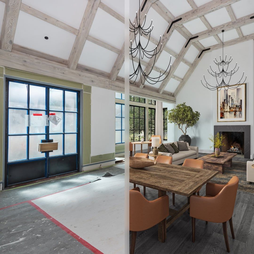 A living room with a table and chairs and a fireplace