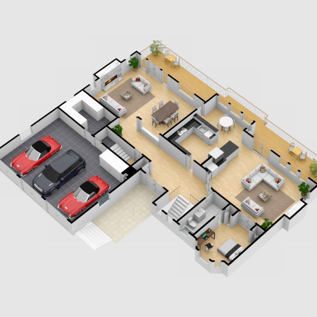 An isometric floor plan of a house with two cars parked in the garage