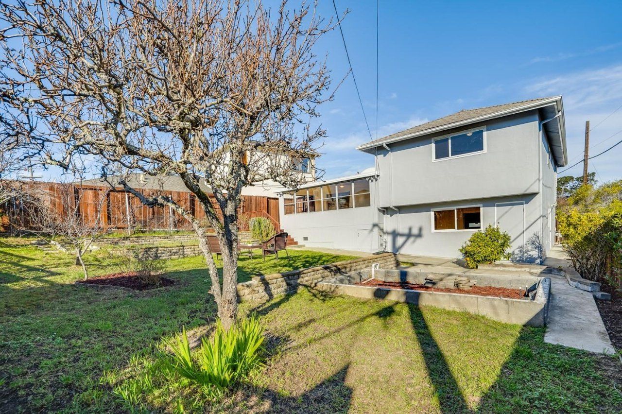 The backyard of a house with a lot of grass and trees.