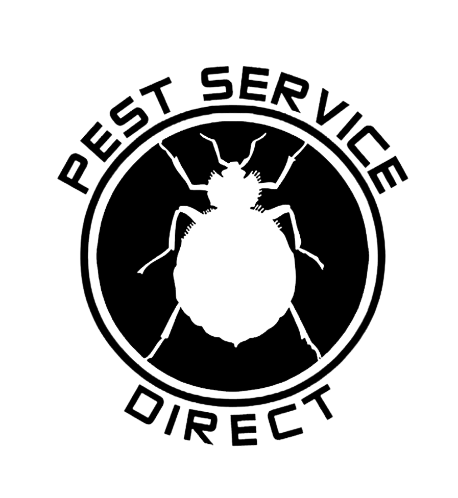 A black and white logo for pest service direct with a bug in a circle.