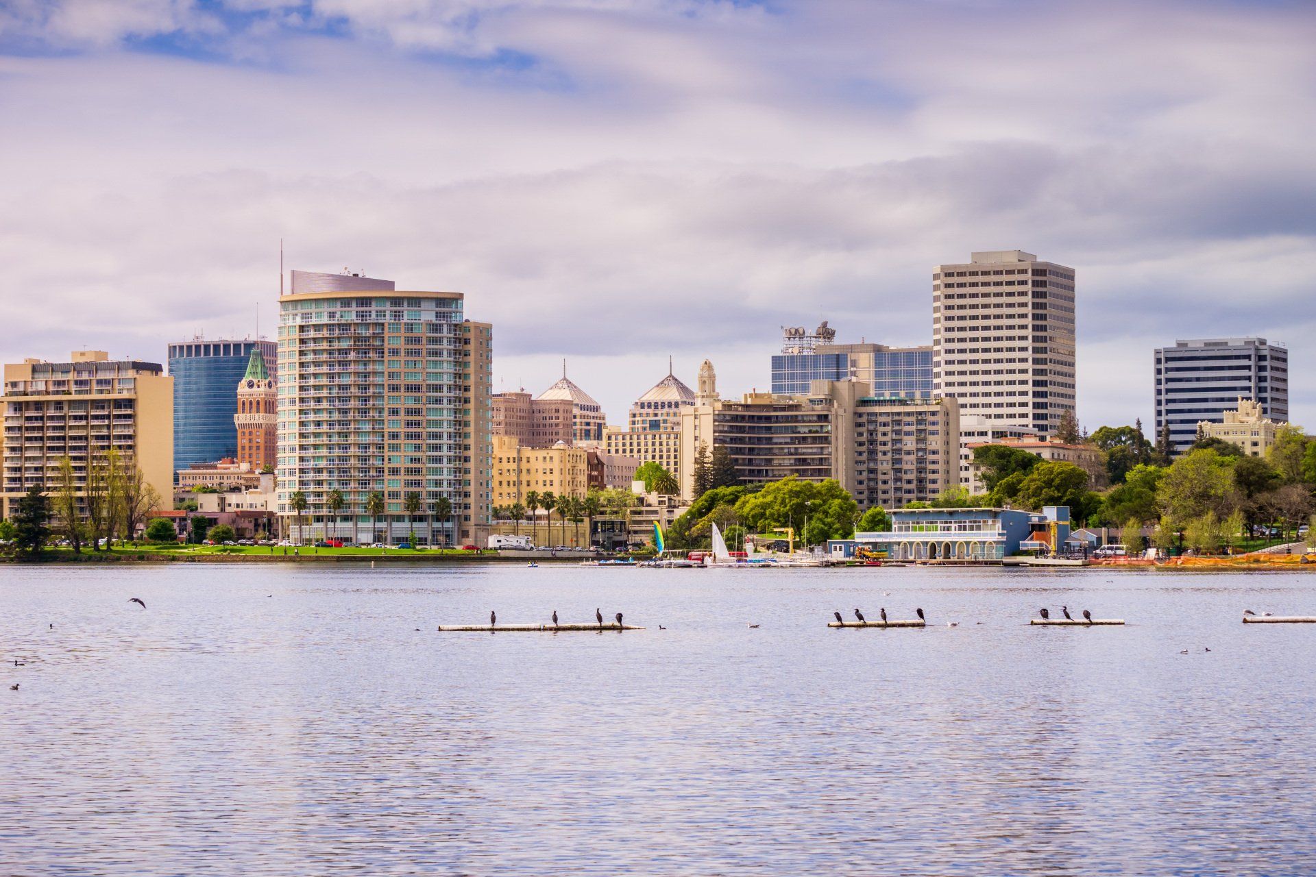 A large body of water with a city skyline in the background