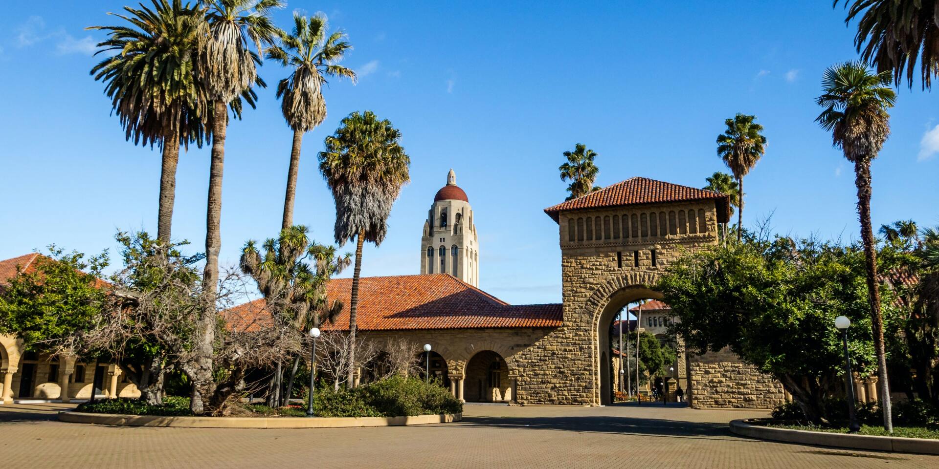 A large stone building with palm trees in front of it.