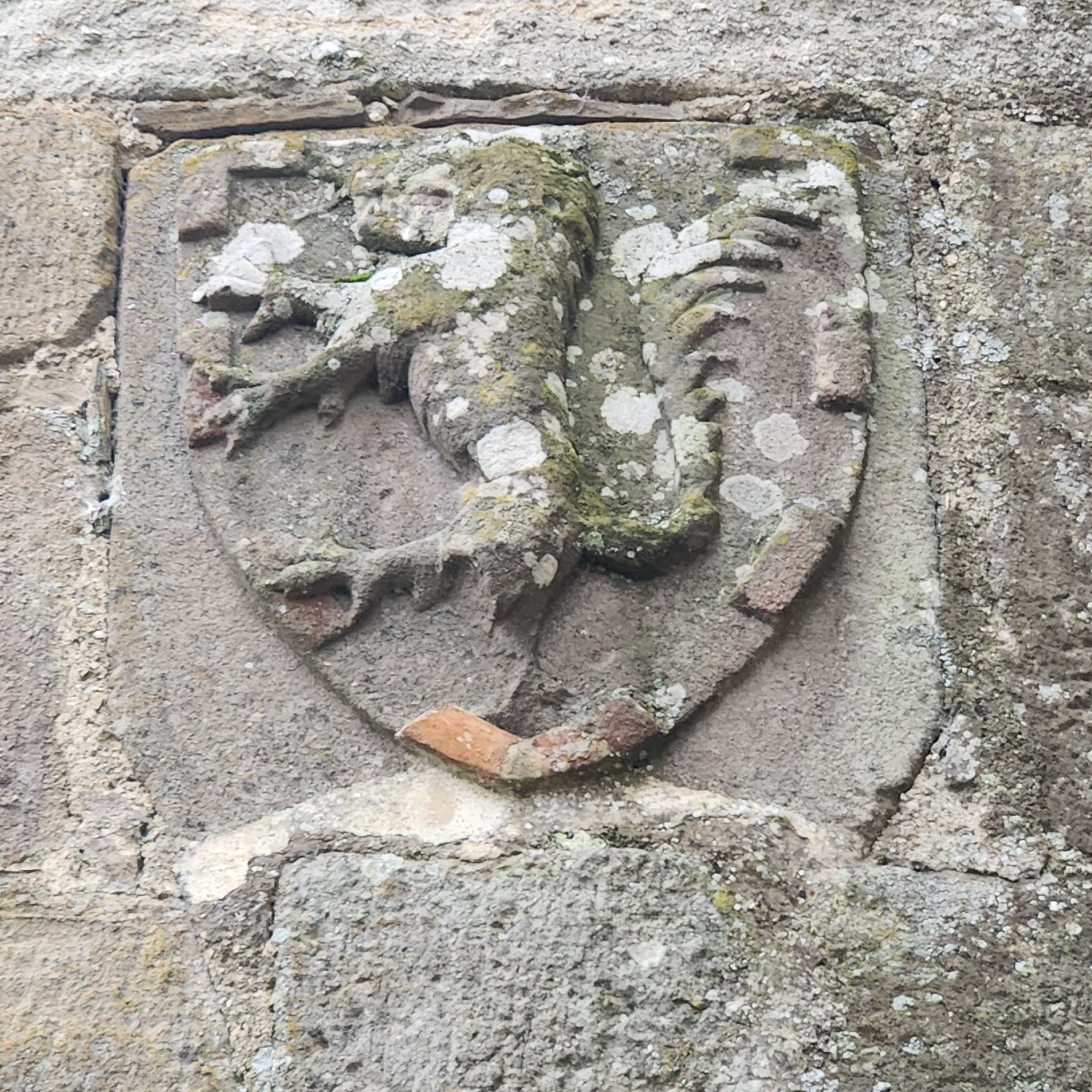 Un bouclier en pierre patinée, sculpté d'un lion rampant, enchâssé dans un mur de maçonnerie brute.