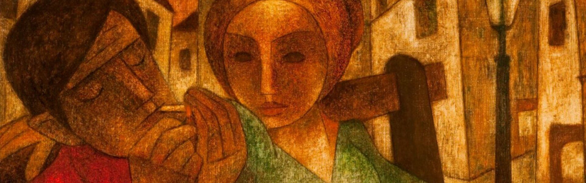 Two figures in a painting, one whispering to the other in a cityscape, with neutral expressions.