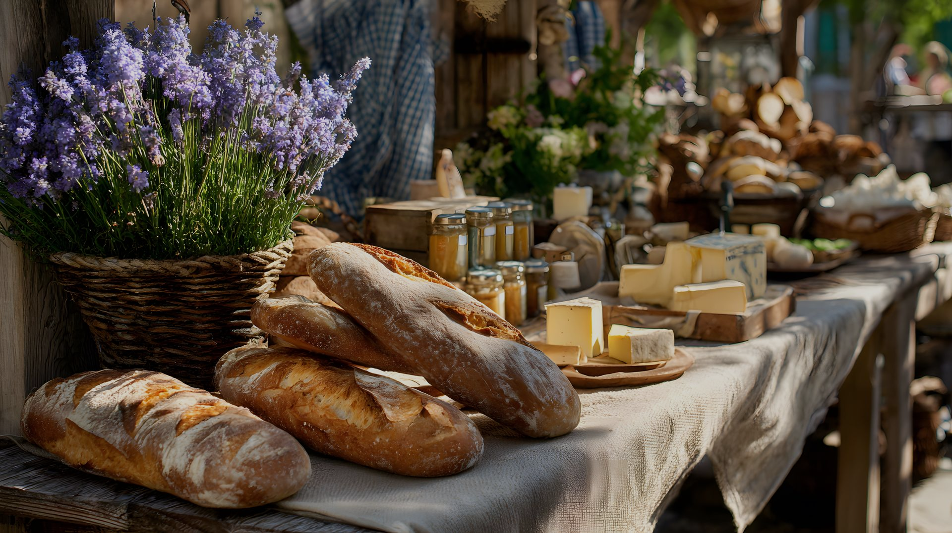 Bread, cheese, and lavender on a market table, rustic setting.
