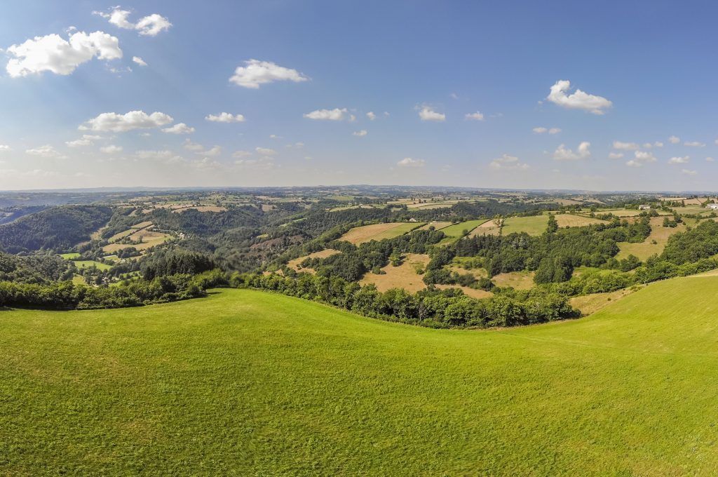 Rolling green hills with patches of trees under a blue sky with scattered clouds.