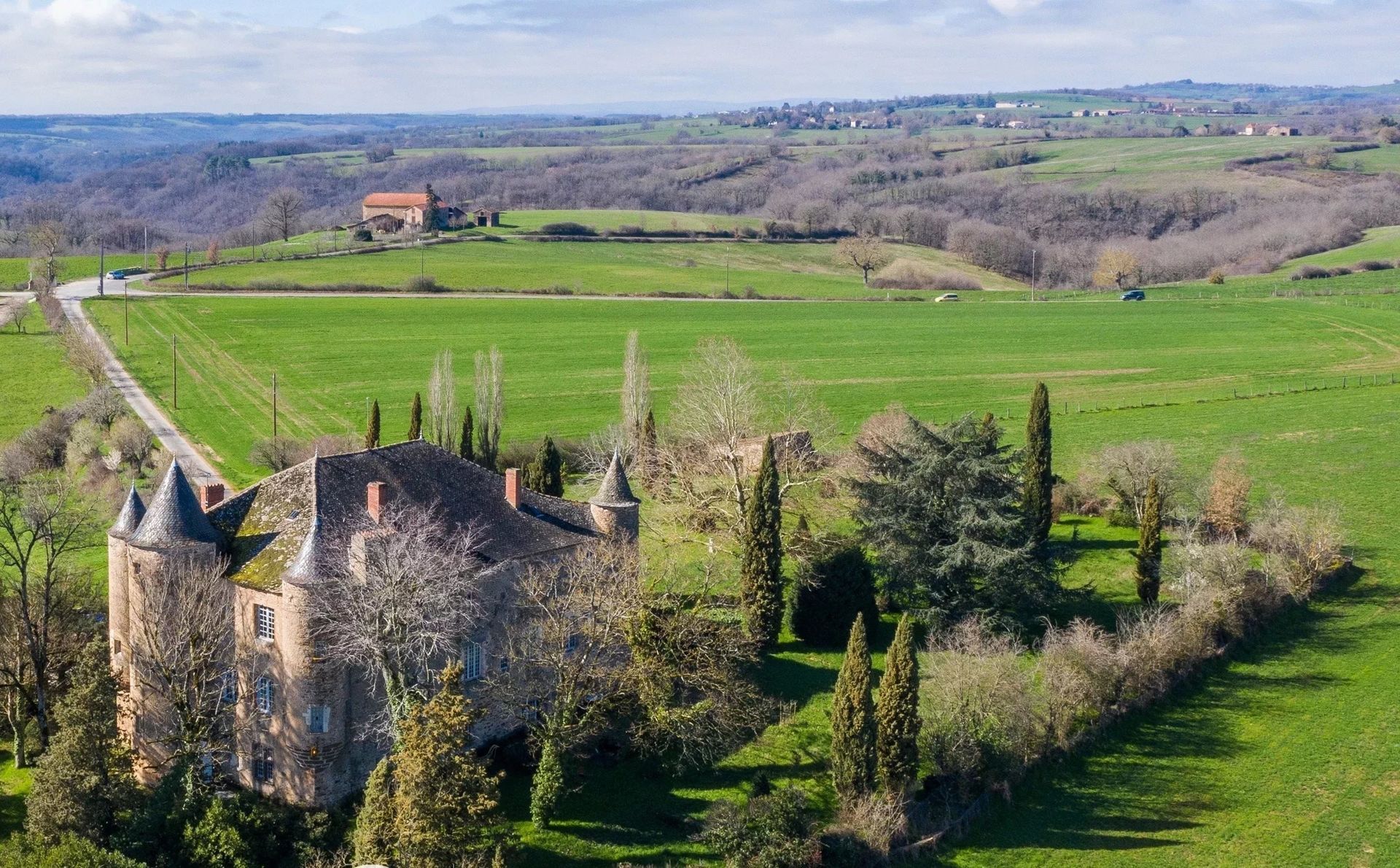 An aerial view of a stone castle in a green field with a long road.