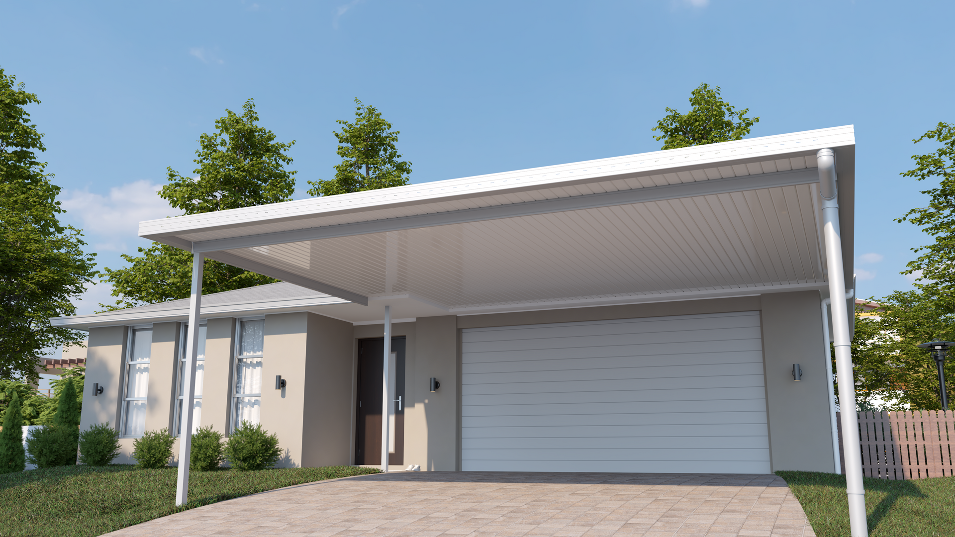 House with carport; white garage door, beige exterior, trees and blue sky.