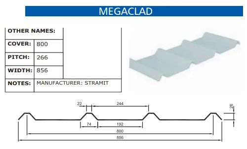 A drawing of a metal roof with the name megaclad on it