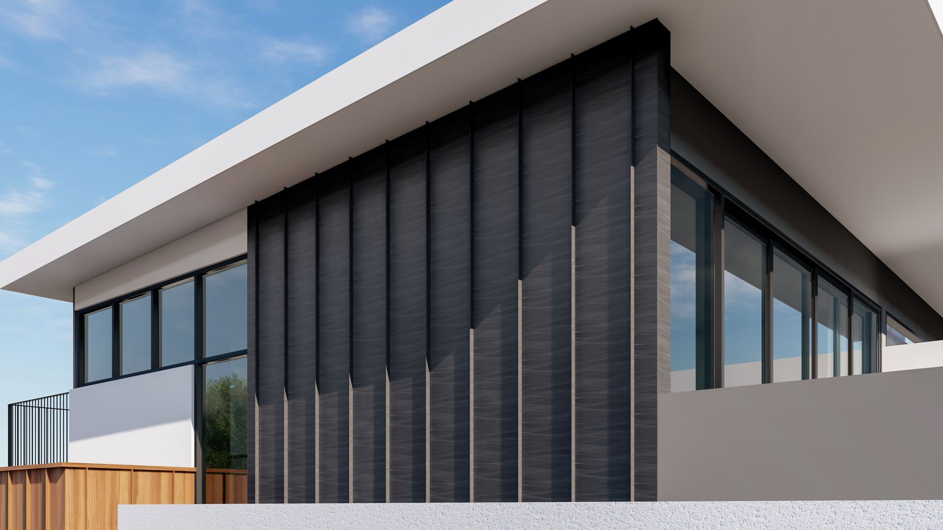 Modern building with black vertical panels and large windows.