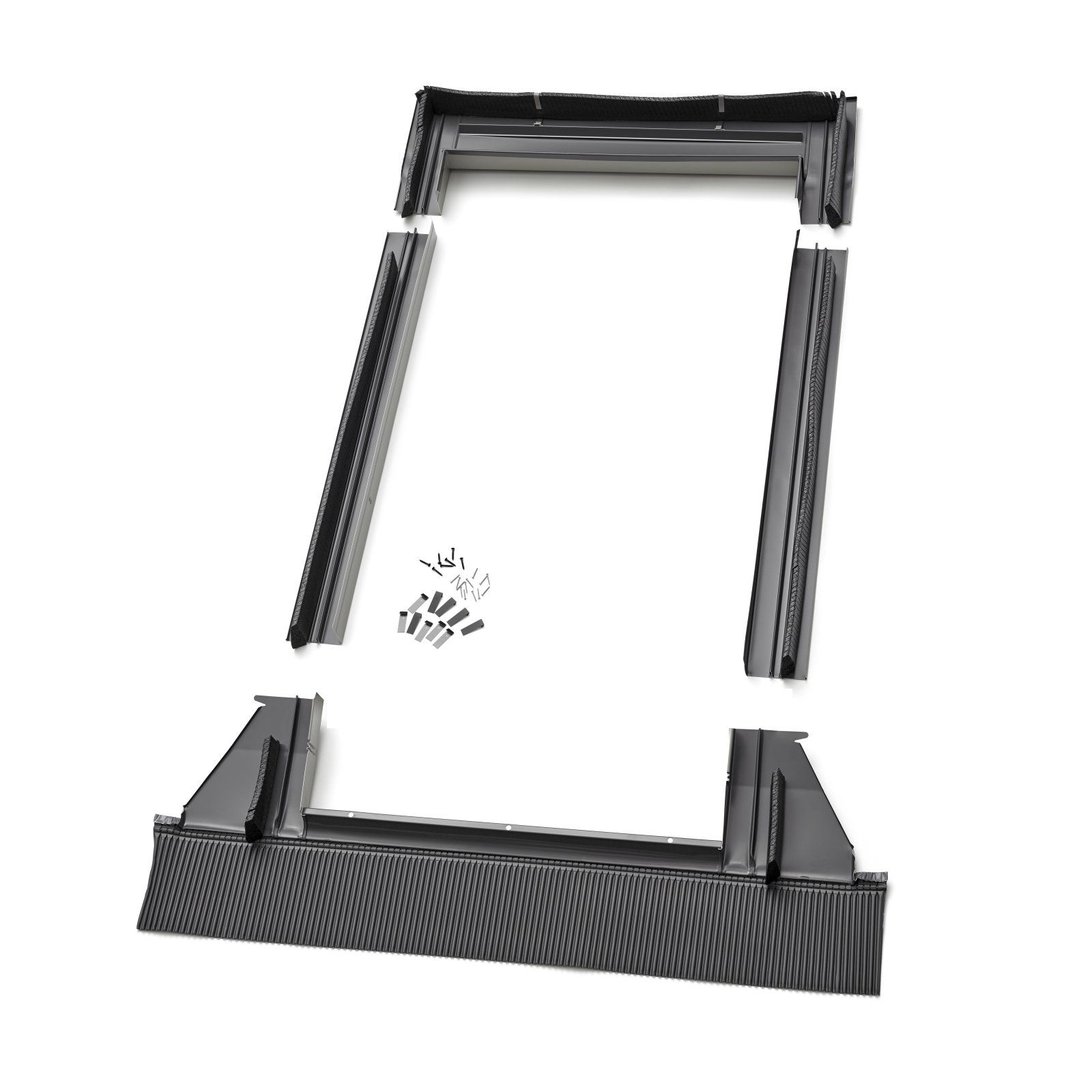 Black, disassembled window frame with screws, against a white backdrop.