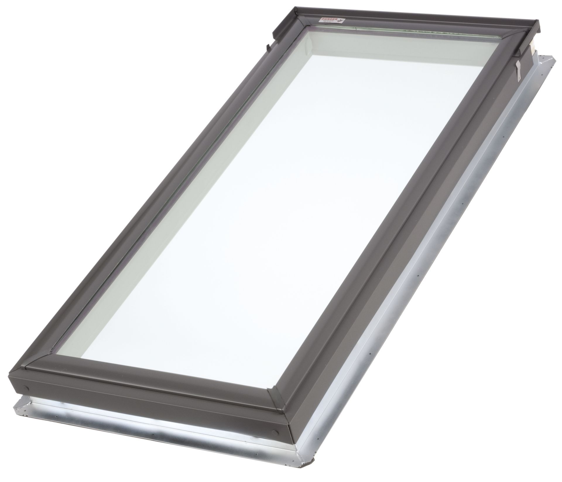 Rectangular skylight with dark frame and clear glass, resting on a metal base.