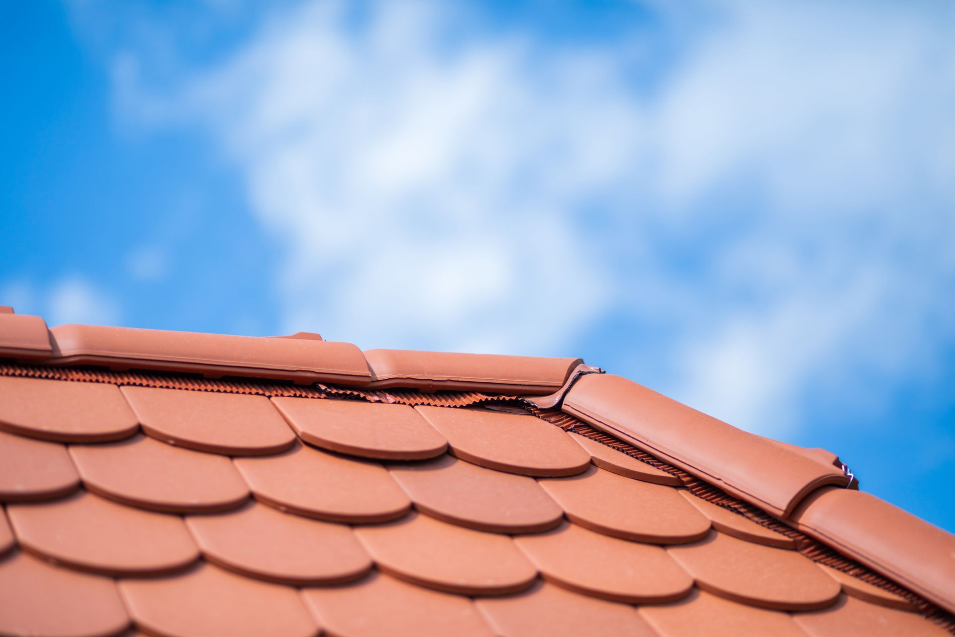Red tile roof with a blue sky and clouds in the background.