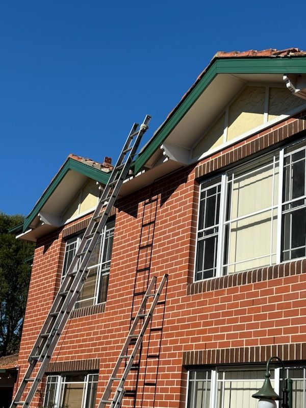 Brick building with two ladders against it under a blue sky.