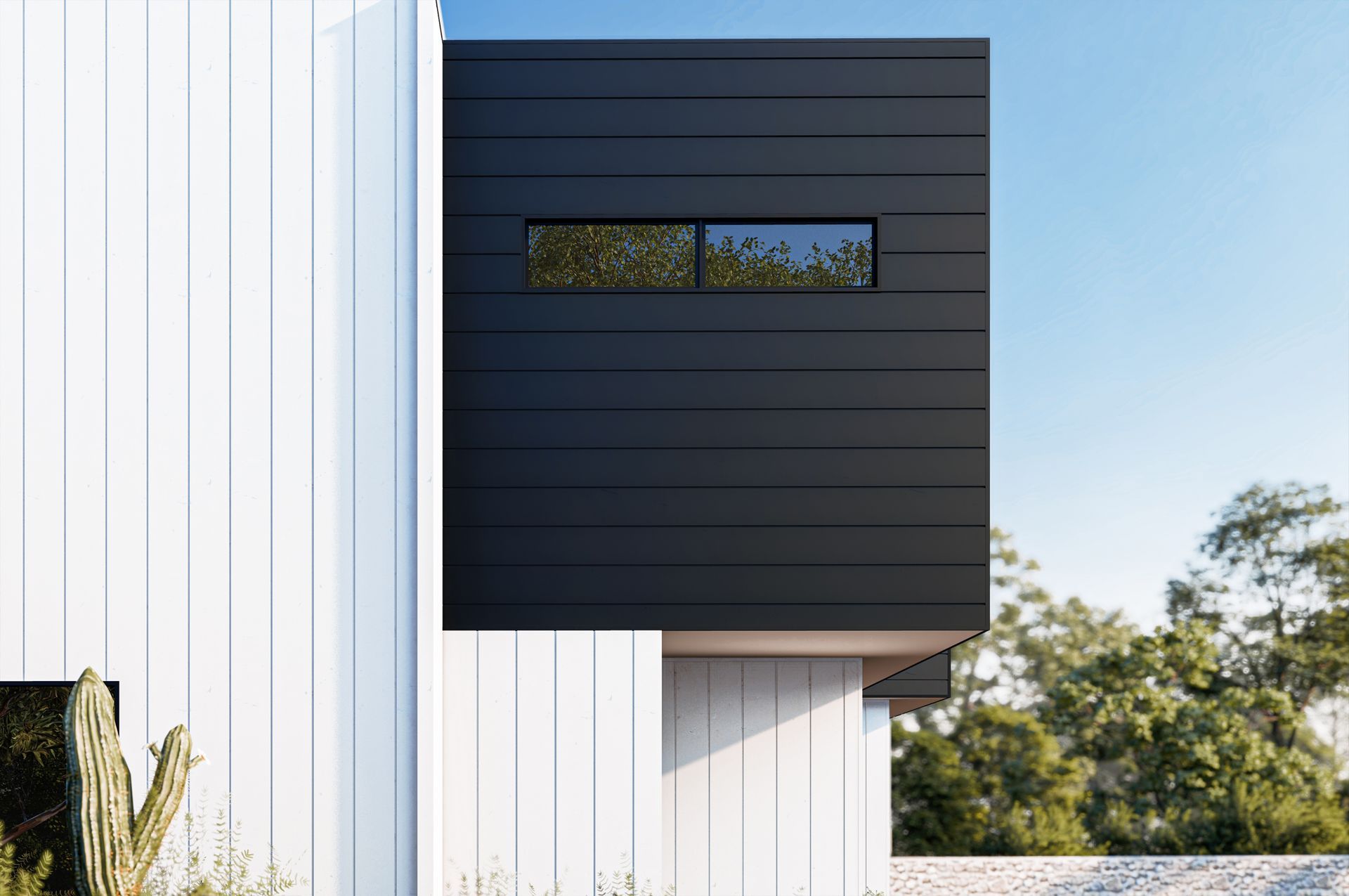 Black and white modern building with rectangular black facade, small windows, and a white wall.