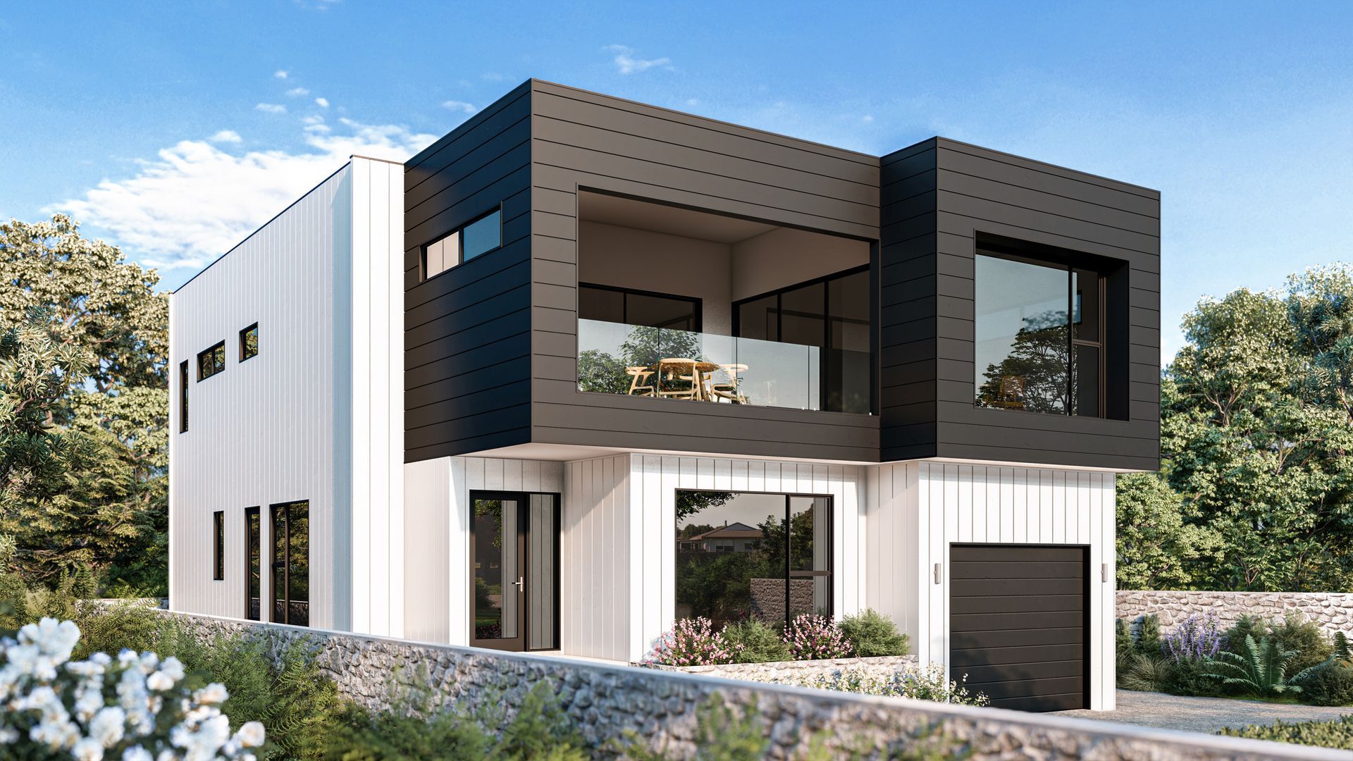 Modern two-story house with black upper level and white lower level, glass balcony, and garage.