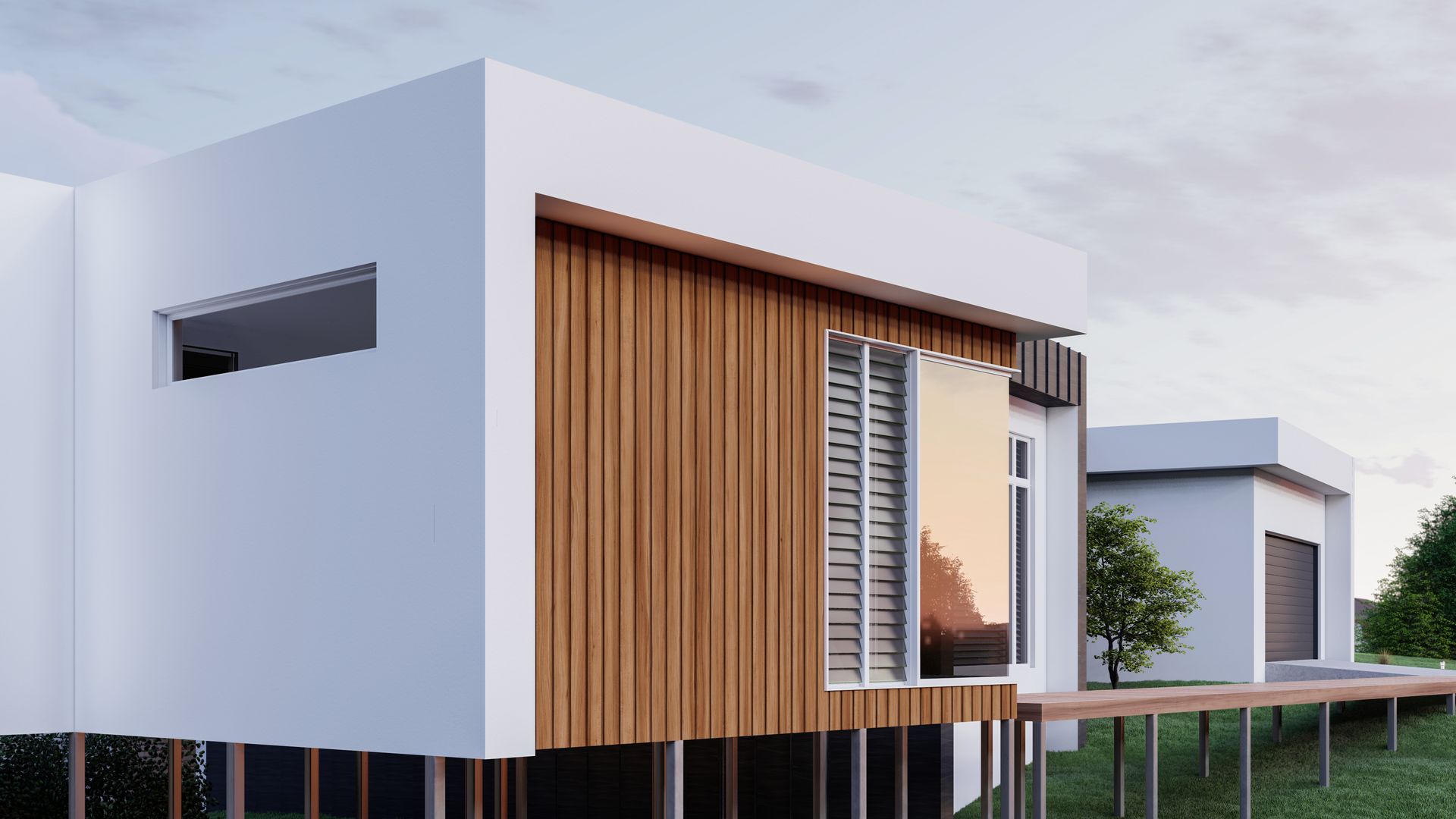 Modern, white and wood-paneled building with large windows, set on stilts against a cloudy sky.