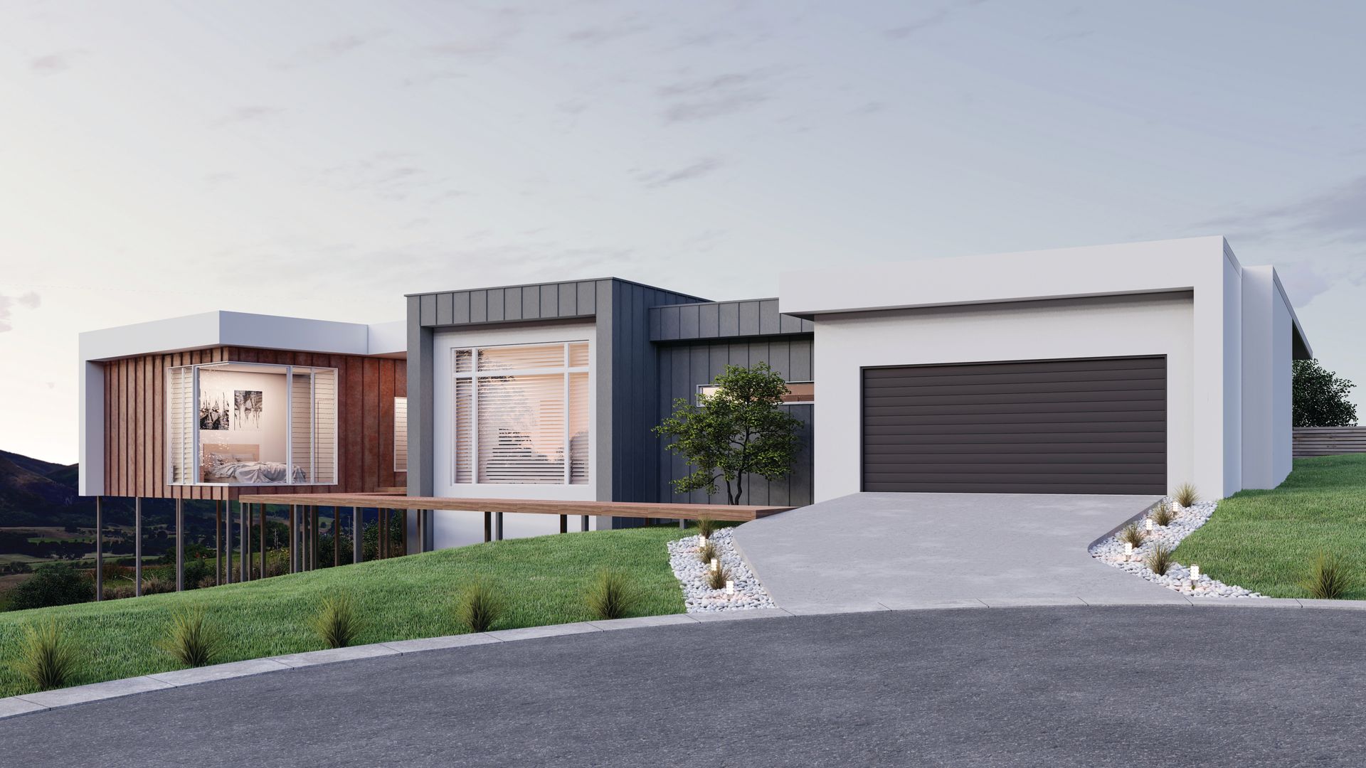 Modern house exterior with a garage, large windows, and a wooden deck overlooking a grassy slope.