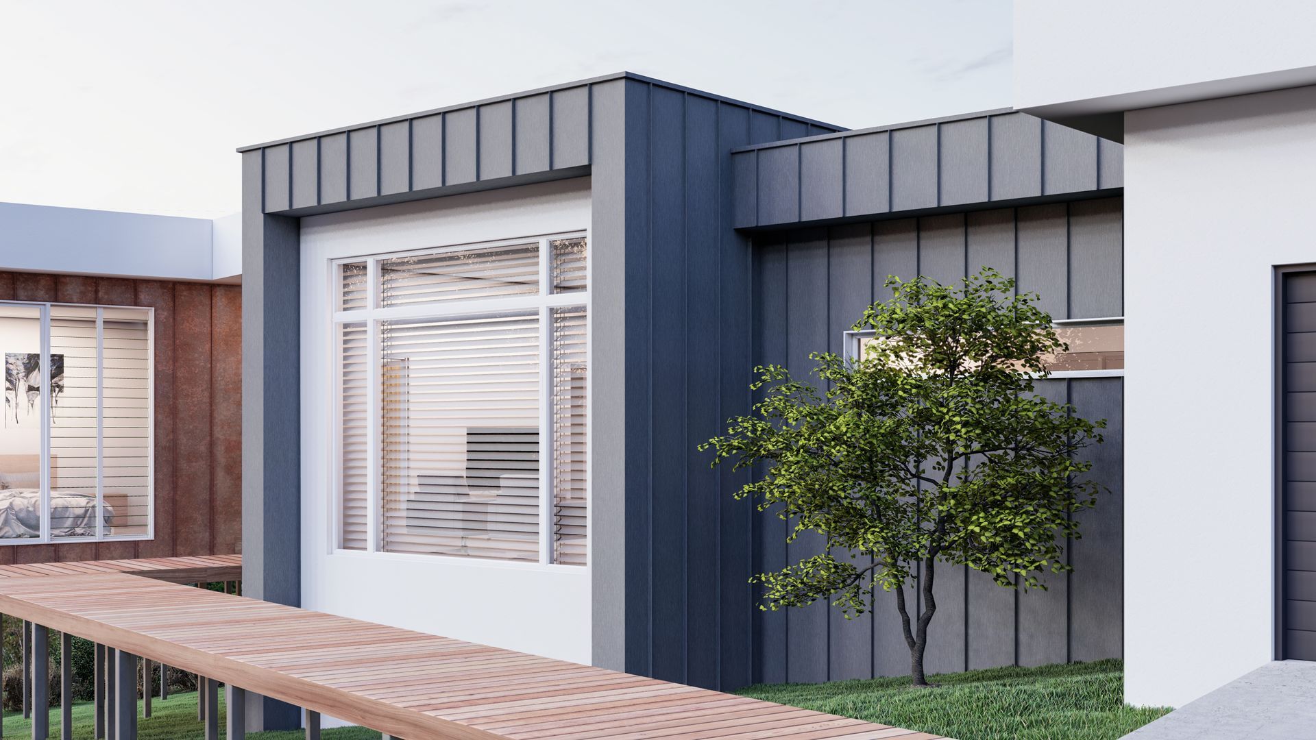 Modern home exterior with dark gray siding, large window, small tree, and wooden deck.