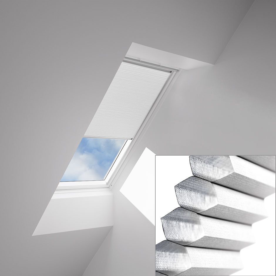 Skylight window with white pleated blind, partially closed. Inset shows close-up of blind's honeycomb structure.