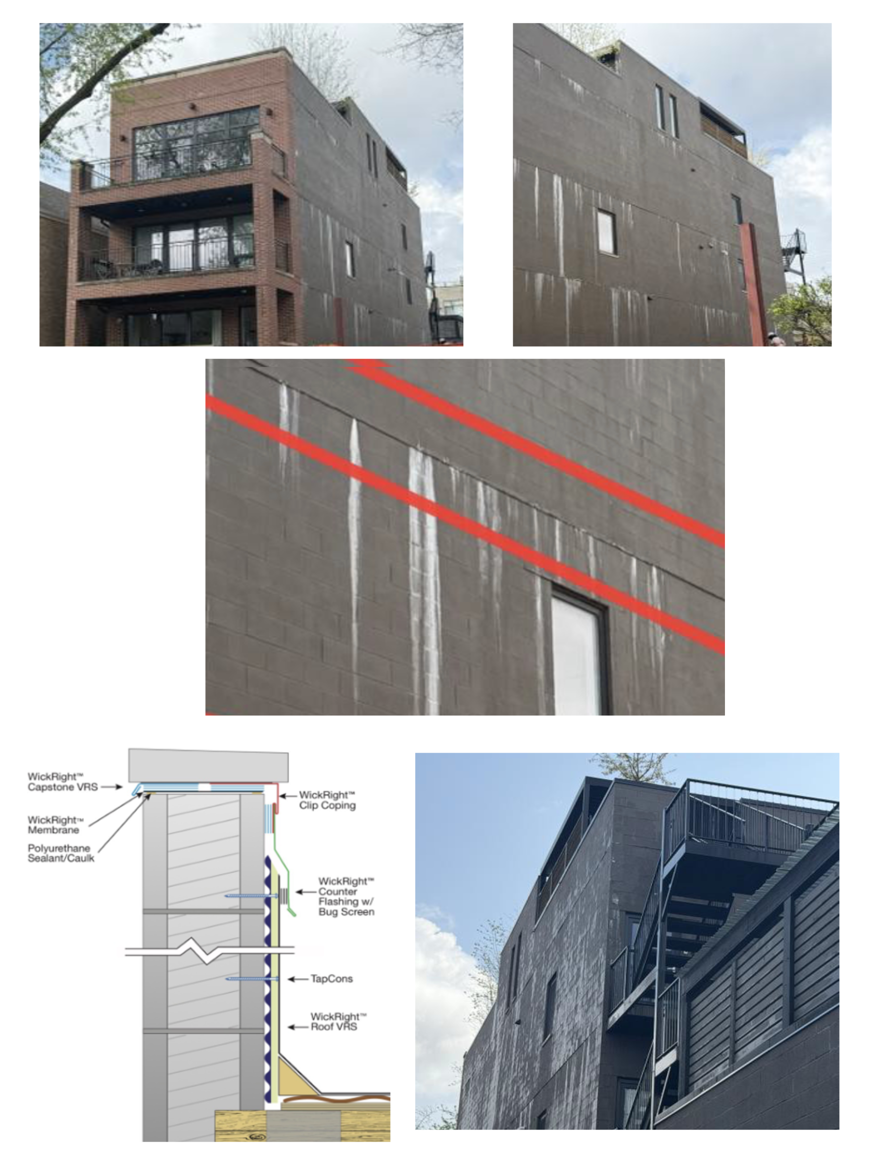 Saturated masonry building in West Town, Chicago, dripping efflorescence at every floor level
