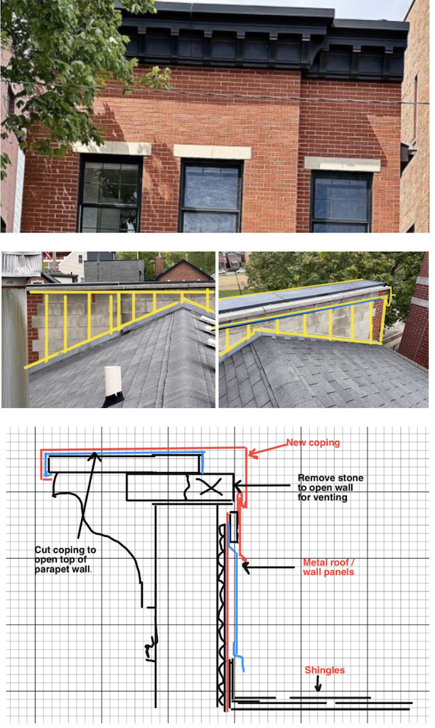 Brick building with metal cornice and repair diagrams