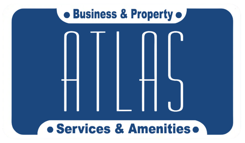 A blue business and property atlas logo on a white background