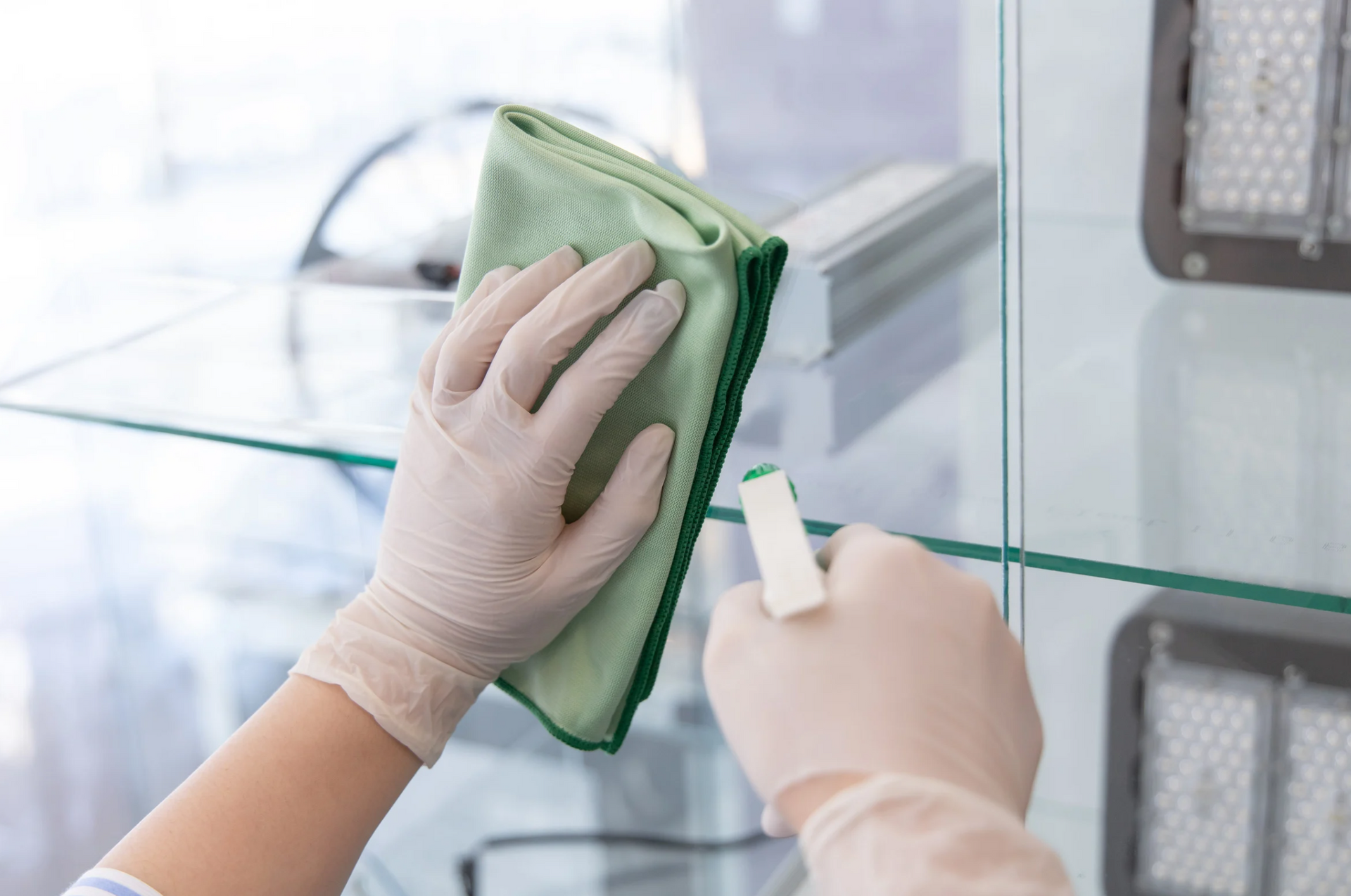 A person wearing gloves is cleaning a glass shelf with a cloth.