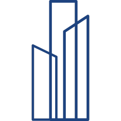 A line drawing of three tall buildings on a white background.